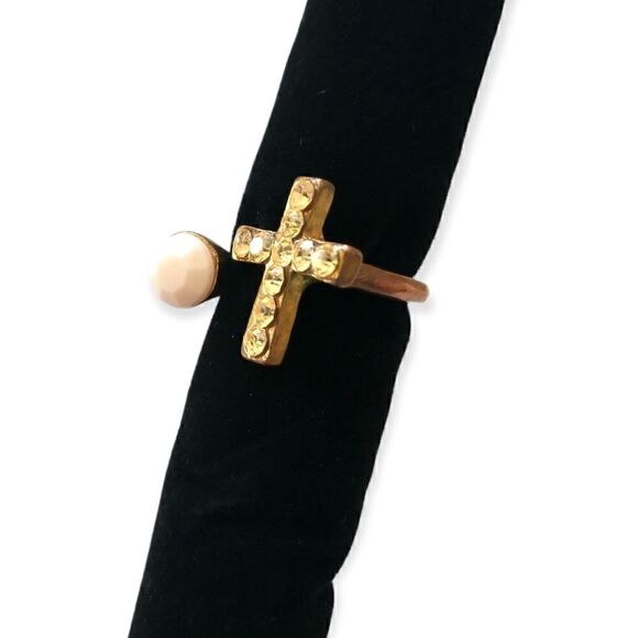 Brass Cross Open Ring Sz 5.5 or 6 Goth Handmade Rhinestone Victorian Religious - Picture 13 of 16